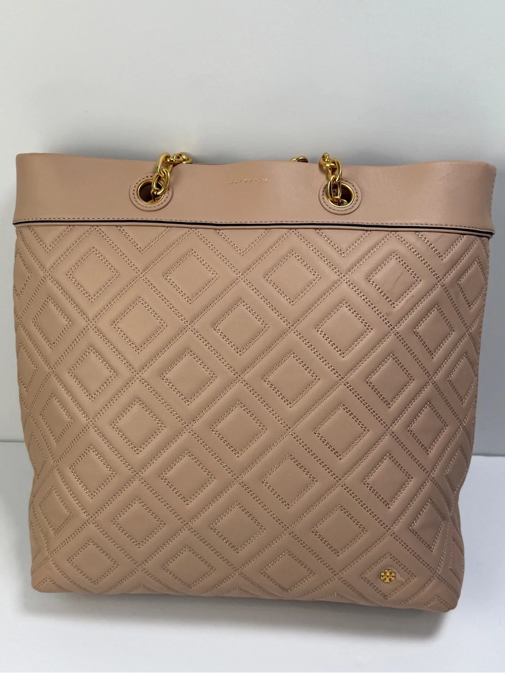 Tory Burch FLEMING Tote Quilted Leather Dual Chain Straps New Mink Like New